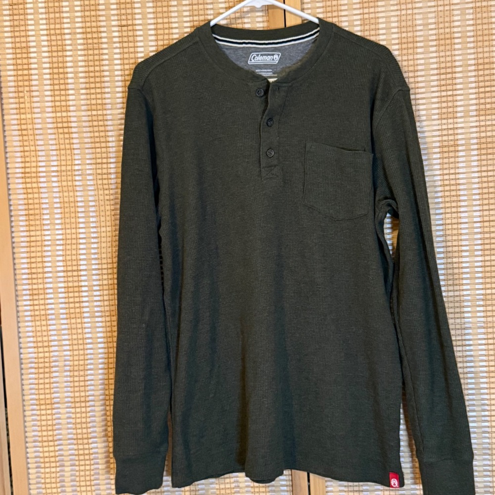 Coleman Mens Olive Green Waffle Knit Long Sleeve Henley Shirt Large Pocket